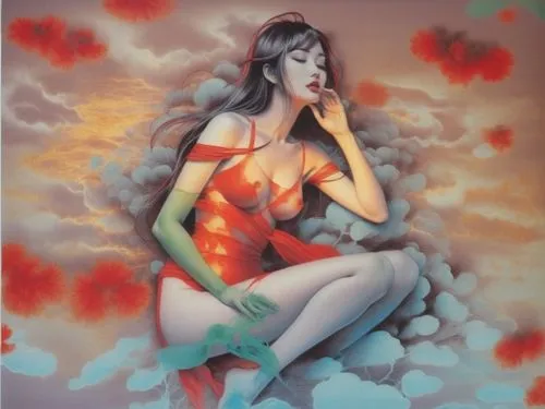 An amazing nude japanese young woman  with red lips and green eyes,an artisticly painted painting shows a  sitting in a red dress with her hands on her lips,lachapelle,tretchikoff,viveros,jasinski,ett