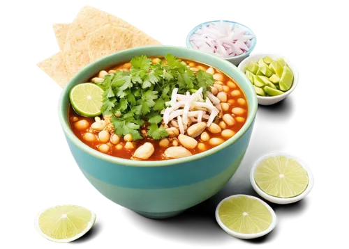 Traditional Mexican dish, pozole, steaming hot, rich broth, shredded chicken, hominy, lime wedges, onion slices, tortilla chips, cilantro sprigs, vibrant colors, shallow depth of field, soft natural l