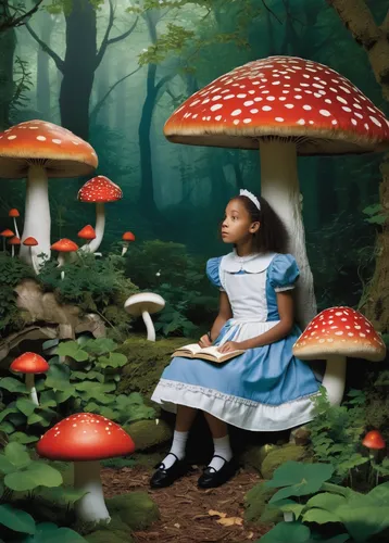 alice in wonderland,mushroom landscape,children's fairy tale,wonderland,fairy forest,amanita,fly agaric,mushrooming,toadstools,agaric,little girl fairy,children's background,toadstool,forest mushroom,alice,child fairy,the little girl's room,umbrella mushrooms,fairy world,edible mushrooms,Photography,Black and white photography,Black and White Photography 05