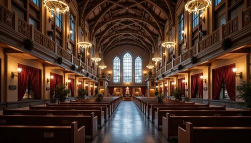 Grandiose gothic auditorium, intricately carved stone walls, vaulted ceilings, stained glass windows, ornate chandeliers, wooden pews, rich velvet curtains, acoustic panels, sound-absorbing materials,