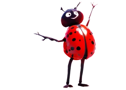 Ladybug, cartoon style, red and black shell, white spots, delicate wings, big round eyes, smiling face, standing pose, one leg bent, shiny surface, bright colors, soft lighting, 3/4 composition, whims