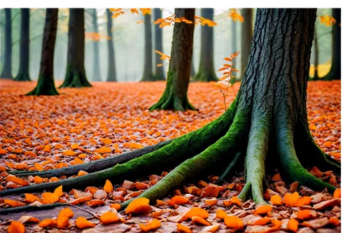 Tall tree, autumn season, orange leaves, branches stretching upwards, thick trunk, roots deep in earth, morning dew, soft sunlight filtering through leaves, 3/4 composition, shallow depth of field, wa