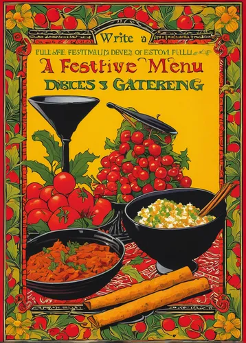 Write a festive menu full of mouthwatering dishes from Leeann Chin to spice up your next holiday gathering!,vine leaves,christmas menu,cooking book cover,recipe book,eritrean cuisine,cd cover,stewed t