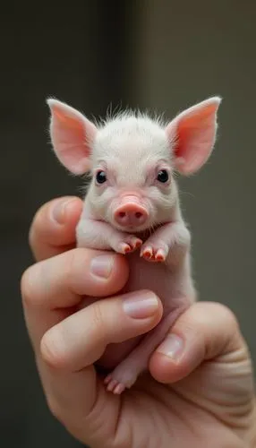 hand holding small white animal with dark background,mini pig,piglet,teacup pigs,pigmy,kawaii pig,piggie