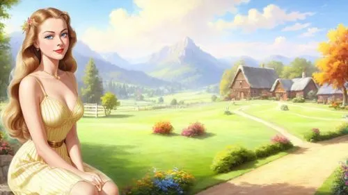 Romantic masterpiece oil painting, cute busty girl portrait, sexy short sundress, nostalgic 1950's style kitsch, breathtaking beautiful landscape, small rural farm, majestic exotic park summer stroll,