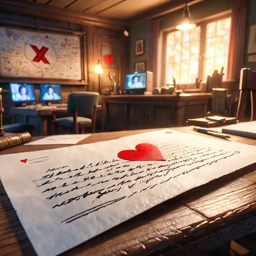 Create a picture of a rolled up letter with emergency written on it and next to it a heart with an X on it,guestbook,love letters,scriptorium,love letter,manuscripts,a letter,writing desk,old letters,