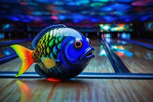 colorful fish-shaped bowling ball, shiny scales, bright blue eyes, smiling face, glossy surface, neon lights reflecting off, dynamic motion blur, vibrant aquatic-themed background, underwater-inspired