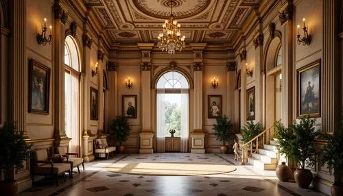 Intricate carvings, ornate moldings, grandiose columns, symmetrical facades, classical arches, decorative pilasters, ornamental capitals, lavish frescoes, gilded accents, marble floors, crystal chande