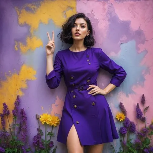 thumb,a woman wearing purple poses against a painted wall,purple dress,la violetta,kimbra,violetta,violeta,violette