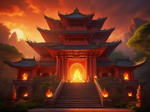 buddhist temple,hall of supreme harmony,asian architecture,dojo,fire background,firelands,sanctum,hanging temple,tianxia,shrine,victory gate,shrines,red lantern,oriental lantern,dalixia,white temple,thai temple,taoist,shambhala,oriental,Illustration,Realistic Fantasy,Realistic Fantasy 22