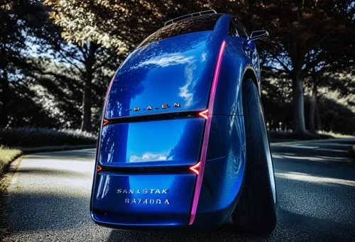 a futuristic looking blue car sitting on the side of a road,pininfarina,mastretta,tail lights,italdesign,delahaye,bertone,Photography,General,Realistic