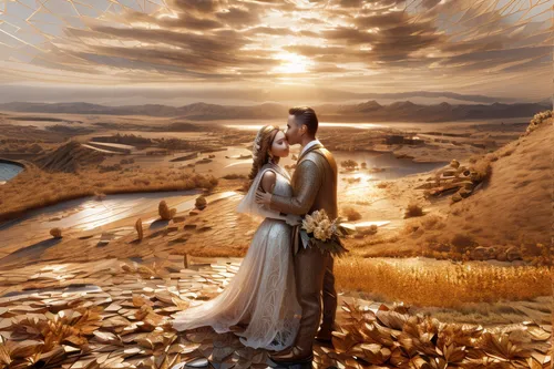 sun bride,loving couple sunrise,fantasy picture,romantic scene,golden weddings,romantic portrait,silver wedding,wedding couple,shepherd romance,fantasy art,wedding photography,landscape background,wedding photo,world digital painting,dead sea scroll,bridegroom,bride and groom,golden sun,honeymoon,desert background