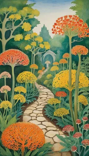 Compose a poem about the beauty of a Ramaria garden on a sunny day. Captivate readers with vivid imagery and enchanting language.,mushroom landscape,khokhloma painting,brook landscape,flower painting,