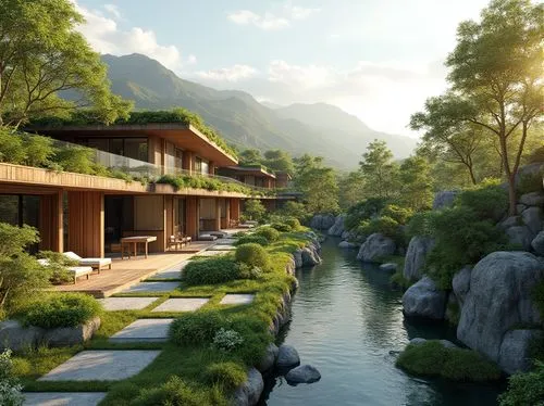 house in the mountains,3d rendering,amanresorts,japanese zen garden,house in mountains,fallingwater,render,zen garden,landscaped,ryokan,home landscape,teahouse,asian architecture,japanese garden,shangri,roof landscape,3d rendered,house by the water,japan landscape,fantasy landscape,Photography,General,Realistic