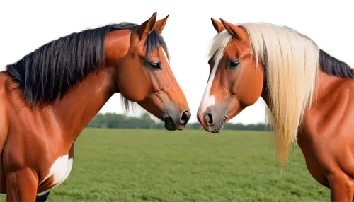 Two horses, friendly interaction, nuzzling each other, brown horse with white socks, black mane, gentle eyes, soft nose, tender lips, green pasture background, warm sunlight, shallow depth of field, 3