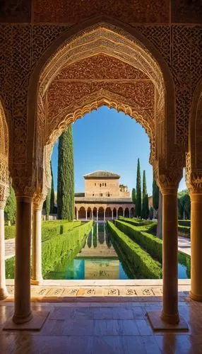 Alhambra Palace, Granada, Moorish architecture, intricate stone carvings, ornate arches, grandiose columns, Islamic geometric patterns, vibrant tile work, majestic courtyards, serene water features, l