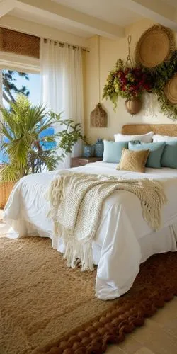 bedroom with white comforter and blue and tan accents,daybed,beach house,holiday villa,earthship,coverlet,bedspreads,Photography,General,Realistic