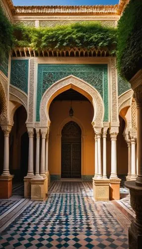 Seville architecture, Moorish style, intricate stone carvings, ornate arches, grand domes, Islamic geometric patterns, vibrant tile work, majestic entrance, imposing columns, lush greenery surrounding