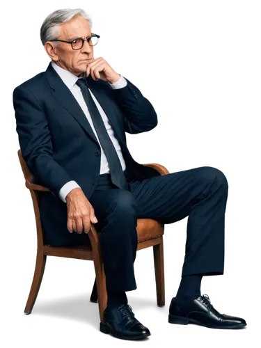 Old man, black suit, white shirt, black tie, wrinkles, aged face, grey hair, glasses, serious expression, sitting on chair, hands clasped together, leather shoes, subtle makeup, warm lighting, 3/4 com