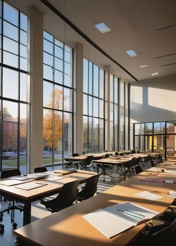 Modern university campus, architecture department building, grandiose entrance, glass facade, steel beams, minimalist interior, wooden desks, ergonomic chairs, large windows, natural light, students w