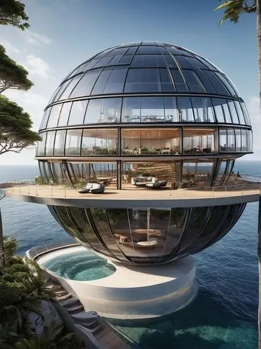 glass sphere,seasteading,futuristic architecture,floating island,island suspended,chemosphere,Photography,General,Natural