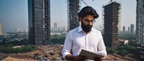 Modern Indian architect, male, 30s, beard, glasses, black hair, white shirt, dark trousers, holding blueprints, standing, construction site, Mumbai, skyscraper, contemporary architecture, steel and gl