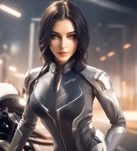 model headshot，Women's Fashion，
American Minimalism,a woman dressed in futuristic outfit standing in front of a motorcycle,alita,kittani,karai,domino,gal,xcx,Photography,Commercial