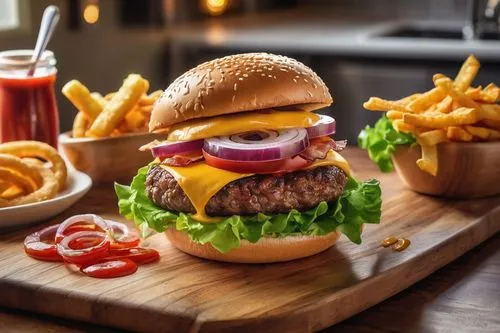 Juicy burger, sesame seed bun, beef patty, melted cheddar cheese, lettuce, tomato, onion rings, bacon slices, ketchup, mayonnaise, wooden cutting board, kitchen counter, morning light, warm atmosphere