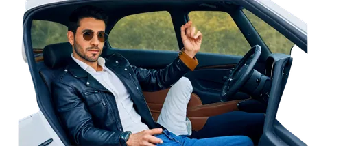 Man, driving, solo, (30yo), short black hair, sunglasses, leather jacket, white shirt, denim pants, brown shoes, holding steering wheel, looking forward, serious expression, realistic, cinematic light