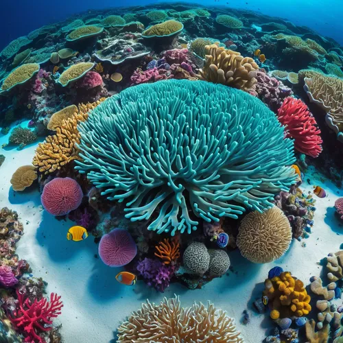 vibrant table coral, underwater scene, marine life, colorful reef, tropical fish swimming, clear blue water, sunlight filtering through water, sea anemone nearby, sand bed, ocean floor texture, coral 