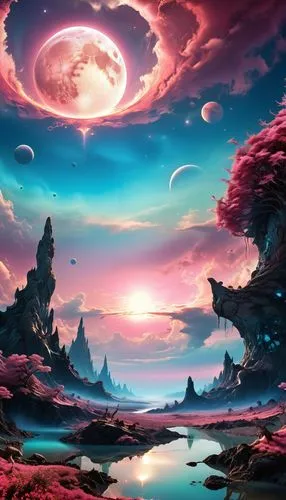 Smooth pink desert, smooth colorful sky, colorful clouds, colorful things in the sky, planets, moons, high quality, highly detailed, intricate illustration that draws inspiration from the artistic sty