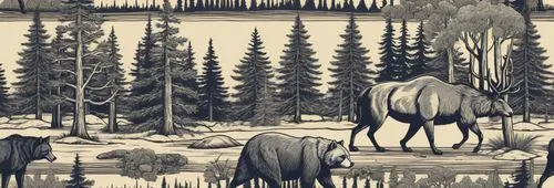 西部乡村森林复古动物元素矢量图,a couple of animals standing in the snow,woodring,cartoon forest,spruce forest,mammoth,forest animals,swampy landscape,Illustration,American Style,American Style 03