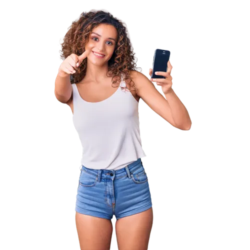 young woman, selfie, smiling face, glamorous makeup, long curly brown hair, sparkling eyes, white tank top, denim shorts, legs crossed, smartphone in hand, blurred background, shallow depth of field, 