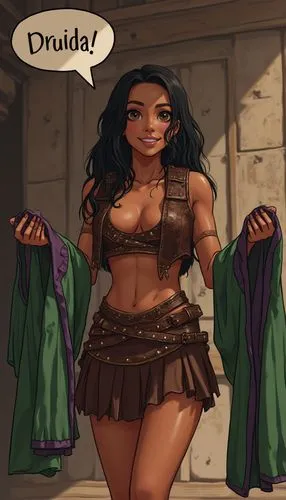 Draw in anime style: Inside a Byzantine clothing shop. A barefoot, mean-looking Polynesian girl, with good muscle tone, ebony tan, wearing an unbuttoned hanging-loose open-front brass-studded short sl