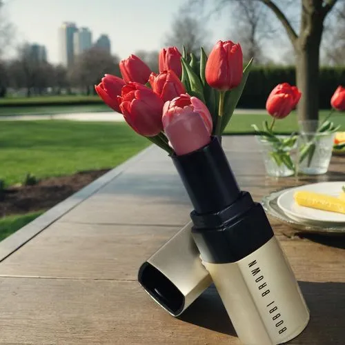 pink flowers are sitting in a lipstick holder on the table,vineyard tulip,tulip white,nars,tuberose,siam rose ginger,revlon,Small Objects,Outdoor,Tulips