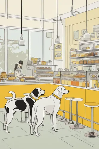 Imagine a futuristic world where robots serve delicious treats to the dogs and their owners at Dog Lane Cafe.,dog cafe,pet shop,dog supply,the coffee shop,dog line art,bakery,soda shop,color dogs,past