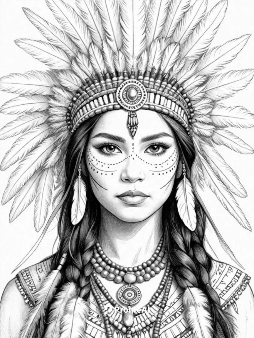 an art nouveau native american woman in an indian headdress,indian headdress,headdress,inanna,amerindian,feather headdress,ancient egyptian girl,Design Sketch,Design Sketch,Detailed Outline