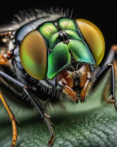 Realistic, colorful housefly, tattoo art, intricate details, shiny exoskeleton, large compound eyes, delicate wings, bold black outlines, vibrant yellow and green stripes, 3D illusion, forearm placeme