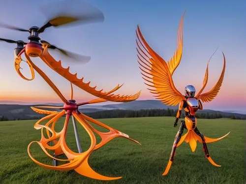 two flying sculptures with wings in a field,quadcopter,figure of paragliding,multirotor,garrison,flying drone,defence,Photography,General,Realistic