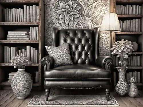 wing chair,armchair,floral chair,damask background,antique furniture,antique background,bookshelves,upholstery,bookcase,patterned wood decoration,book antique,settee,reading room,interior decor,antique style,slipcover,furniture,decorative art,chair png,contemporary decor,Illustration,Black and White,Black and White 11