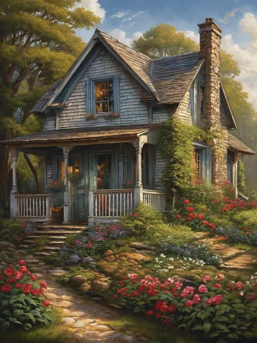 country cottage,summer cottage,cottage,home landscape,little house,lonely house,country house,traditional house,woman house,house painting,small house,old house,farm house,house in the forest,beautiful home,ancient house,wooden house,old home,cottage garden,country estate,Illustration,Realistic Fantasy,Realistic Fantasy 10