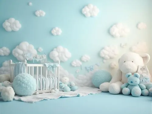 Baby blue, pastel tone, gentle, soft, calming atmosphere, nursery, baby's room, crib, toys, stuffed animals, clouds, sky, fluffy white clouds, warm sunlight, subtle gradient, light fabric, cotton, lac