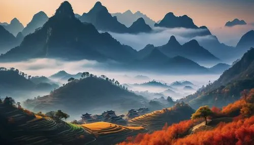 mountainous landscape,autumn mountains,mountain landscape,fantasy landscape,mountain scene,yunnan,huangshan,landscape background,huangshan mountains,japanese mountains,the landscape of the mountains,landscape mountains alps,yangshao,giant mountains,mountains,mountain range,high mountains,alpine landscape,mountain world,beautiful landscape,Illustration,Black and White,Black and White 16