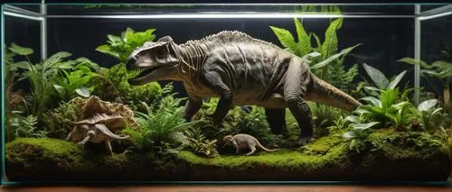 Picture a large rectangular terrarium with tiny but very real dinosaurs in it. Highly detailed,diorama,vivarium,terrarium,ceratopsians,ceratopsian,maiasaura,karamanids,ferugliotherium,babirusa,pachyrh