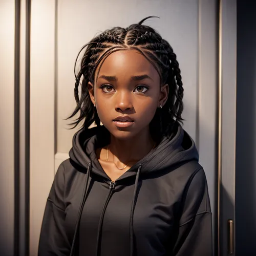 hair braided in a black hoodie ,clementine,portrait of a girl,young girl,child portrait,kendrick lamar,girl portrait,ebony,maria bayo,child girl,moody portrait,artificial hair integrations,photographi