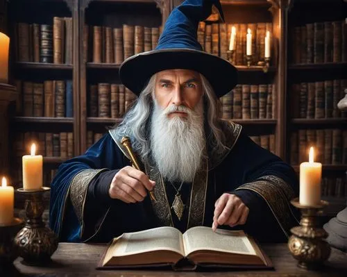 Mysterious cool wizard, long white beard, pointed hat, blue eyes, wise facial expression, intricate silver wand, ornate black robe, gold trim, flowing sleeves, mystical misty background, dimly lit anc