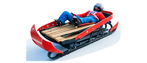 Sled, winter sport equipment, wooden structure, curved runners, metal reinforcements, red and blue stripes, shiny surface, snowy background, dynamic movement, action pose, low-angle shot, warm lightin