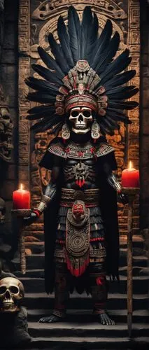 Mictlantecuhtli, Aztec god of death, male, dark skin, skeletal face, glowing red eyes, ornate headdress with feathers and skulls, black cape with intricate patterns, holding a sacrificial knife, stand