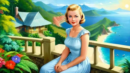 Romantic masterpiece oil painting, beautiful girl portrait, nostalgic 1950's style kitsch, vibrant rainforest, quaint mountain cottage landscape, lush tropical jungle paradise, summer beach scenery, b