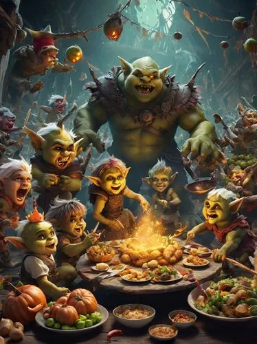 gnomes at table,thanksgiving background,dwarf cookin,halloween background,frog gathering,halloween wallpaper,celebration of witches,thanksgiving dinner,thanksgiving table,halloween illustration,halloween scene,halloween poster,food table,gnomes,thanksgiving,halloween party,candy cauldron,pumpkin soup,harvest festival,scandia gnomes,Conceptual Art,Fantasy,Fantasy 02